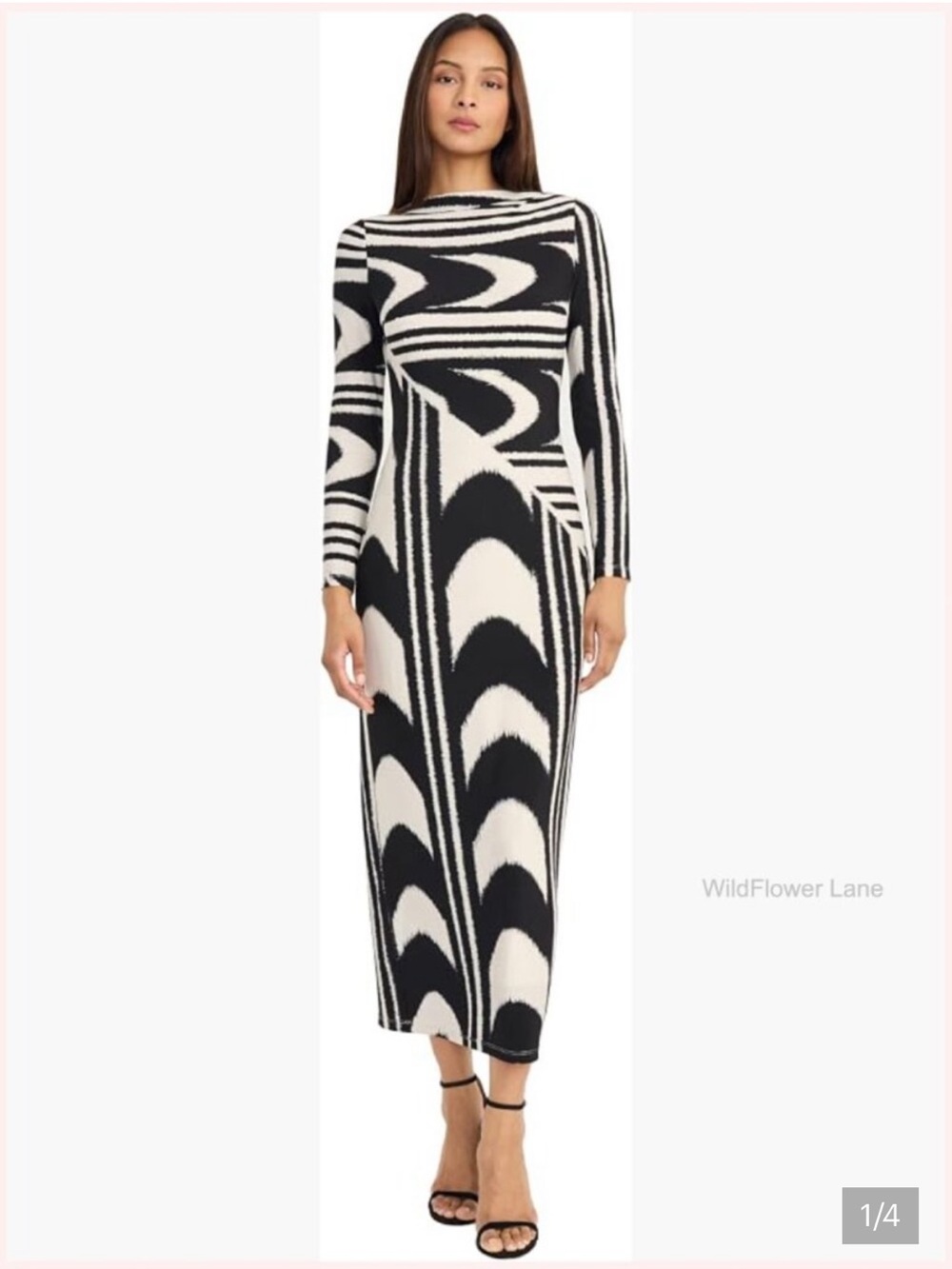 Long sleeve Black & White Geometric Long Sleeve Bodycon Maxi Dress